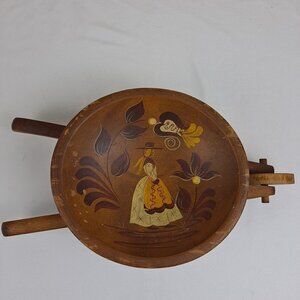 Wooden Wheelbarrow Fruit Bowl Centerpiece Lady with Floral Painting Mid-Century